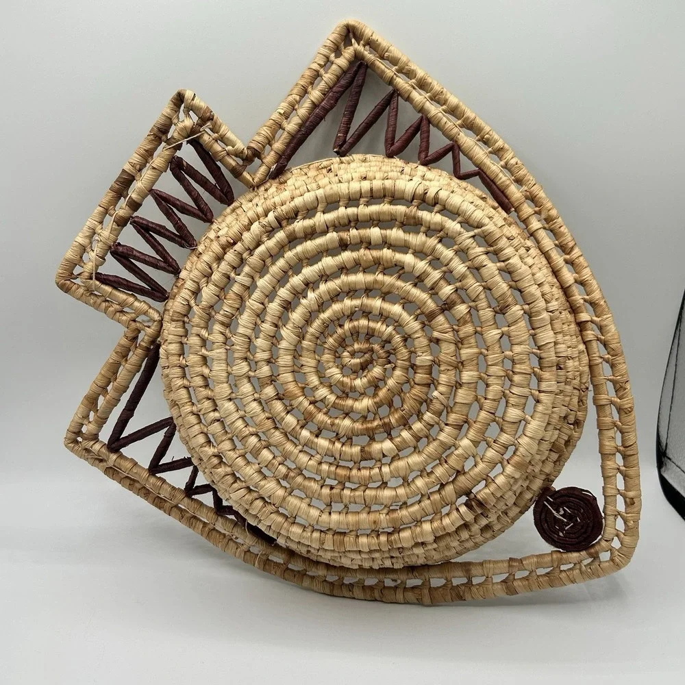 Handwoven Fish Basket Tray Raffia Wicker Boho Coastal Folk Art Wall Decor 12